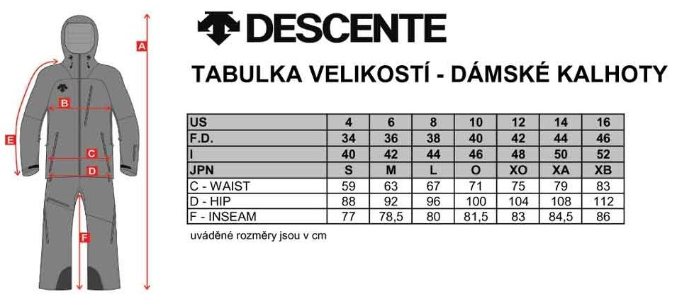 Dámské kalhoty Descente - tabulka velikostí