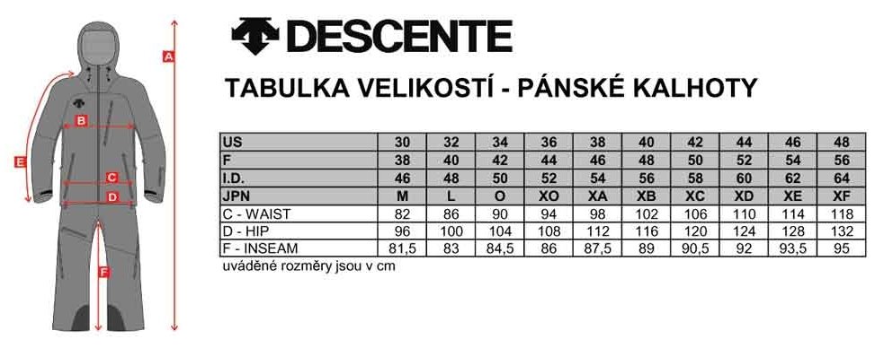 Pánské kalhoty Descente - tabulka velikostí