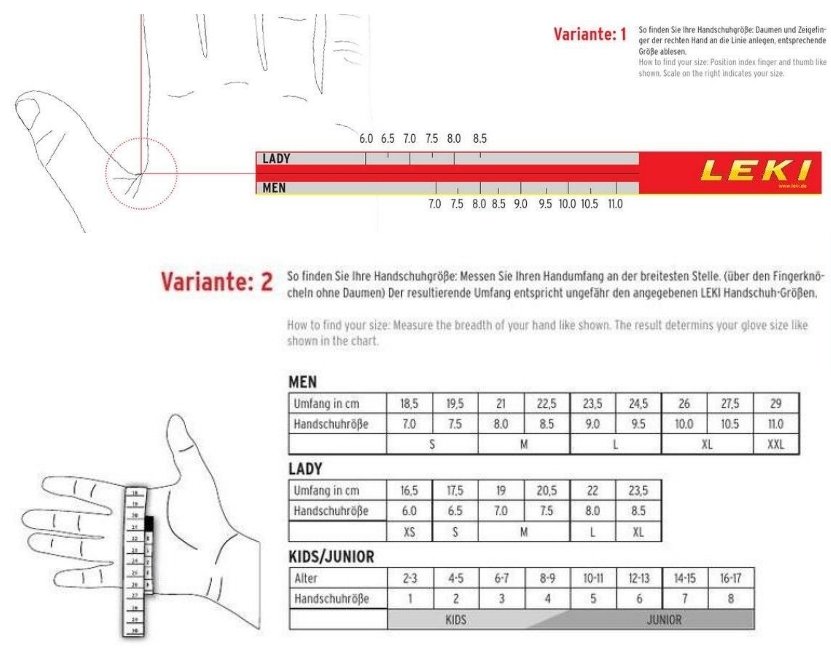 Rukavice Leki - určení velikosti